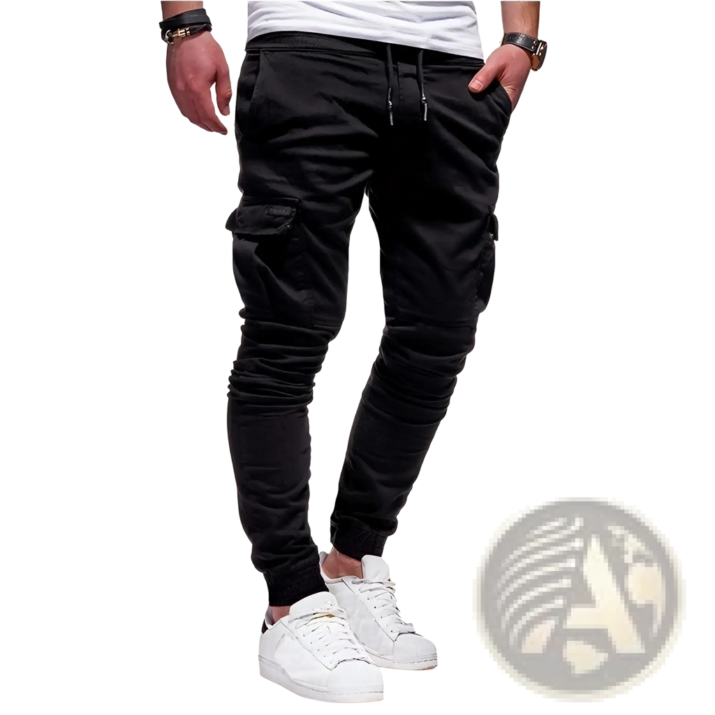 Men cotton cargo joggers casual pants in black with elastic cuffs and side pockets for everyday wear