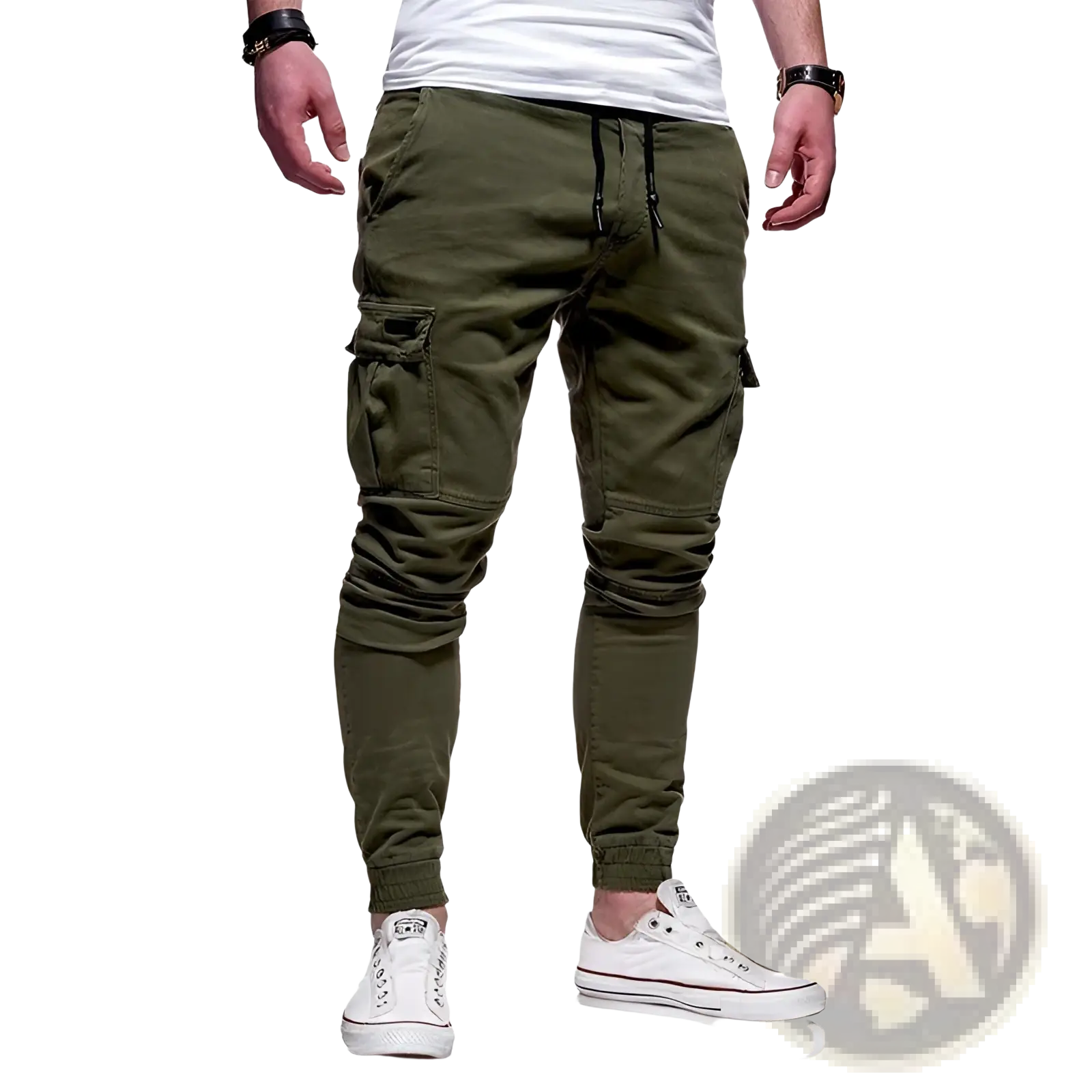 Men cotton cargo joggers in olive green featuring multiple side pockets and elastic cuffs for casual wear