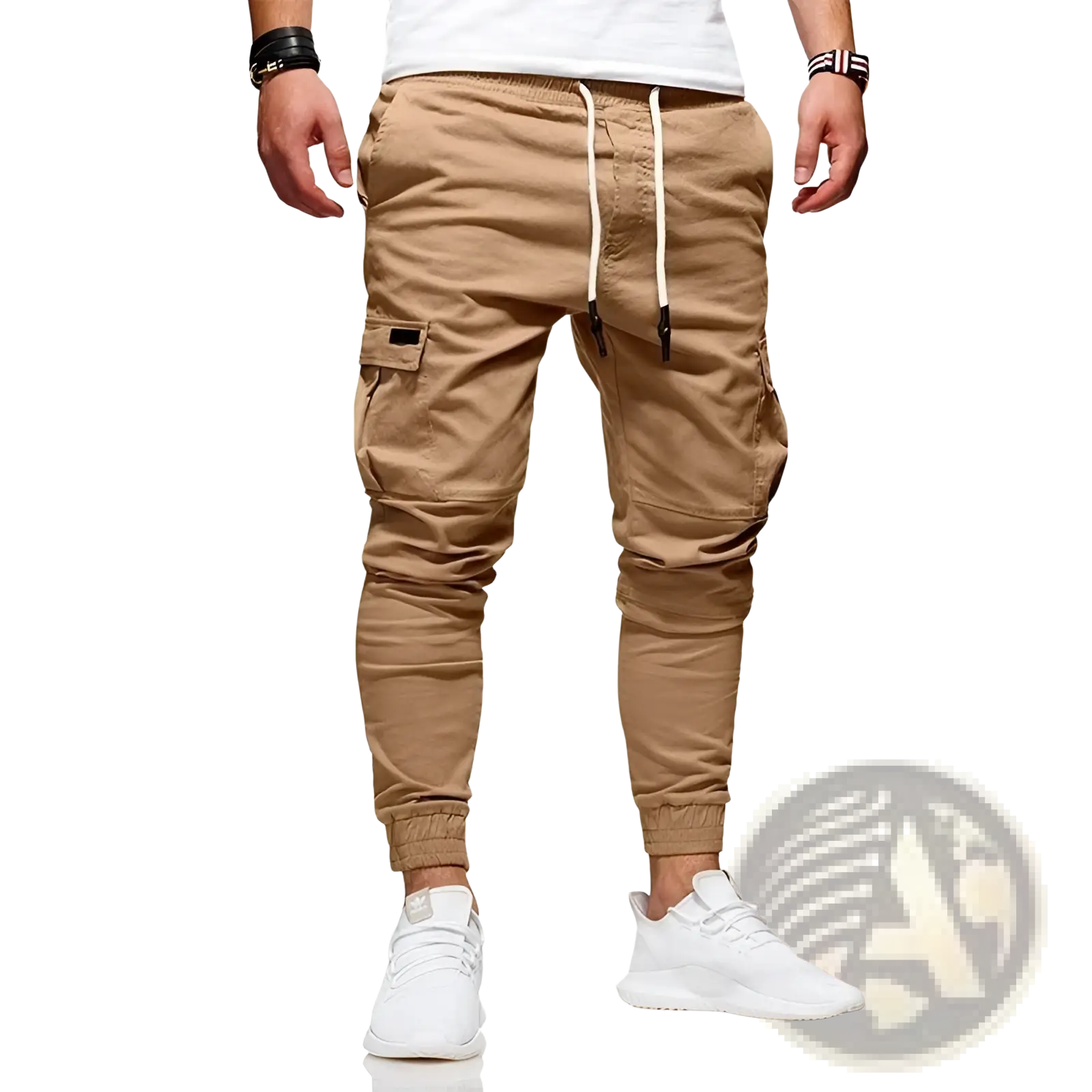 Men cotton cargo joggers in tan with white drawstrings and black zipper pulls casual pants for everyday wear