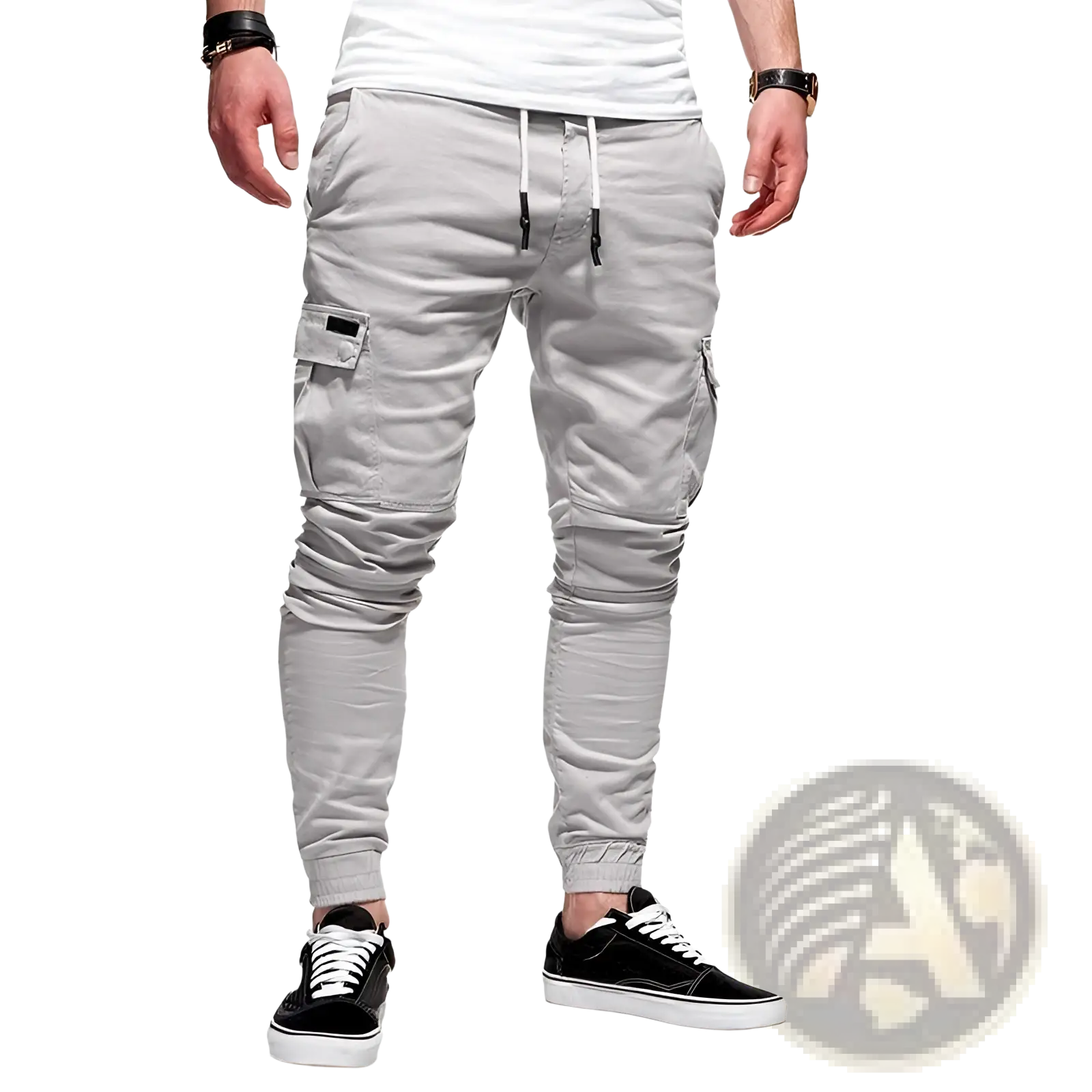 Light gray men cotton cargo joggers with side pockets and drawstring waistband for casual wear