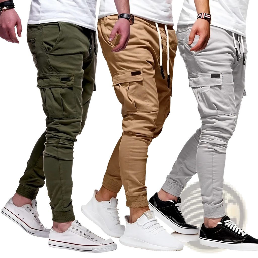 Men cotton cargo joggers casual pants in olive green tan and light gray with drawstrings and elastic cuffs