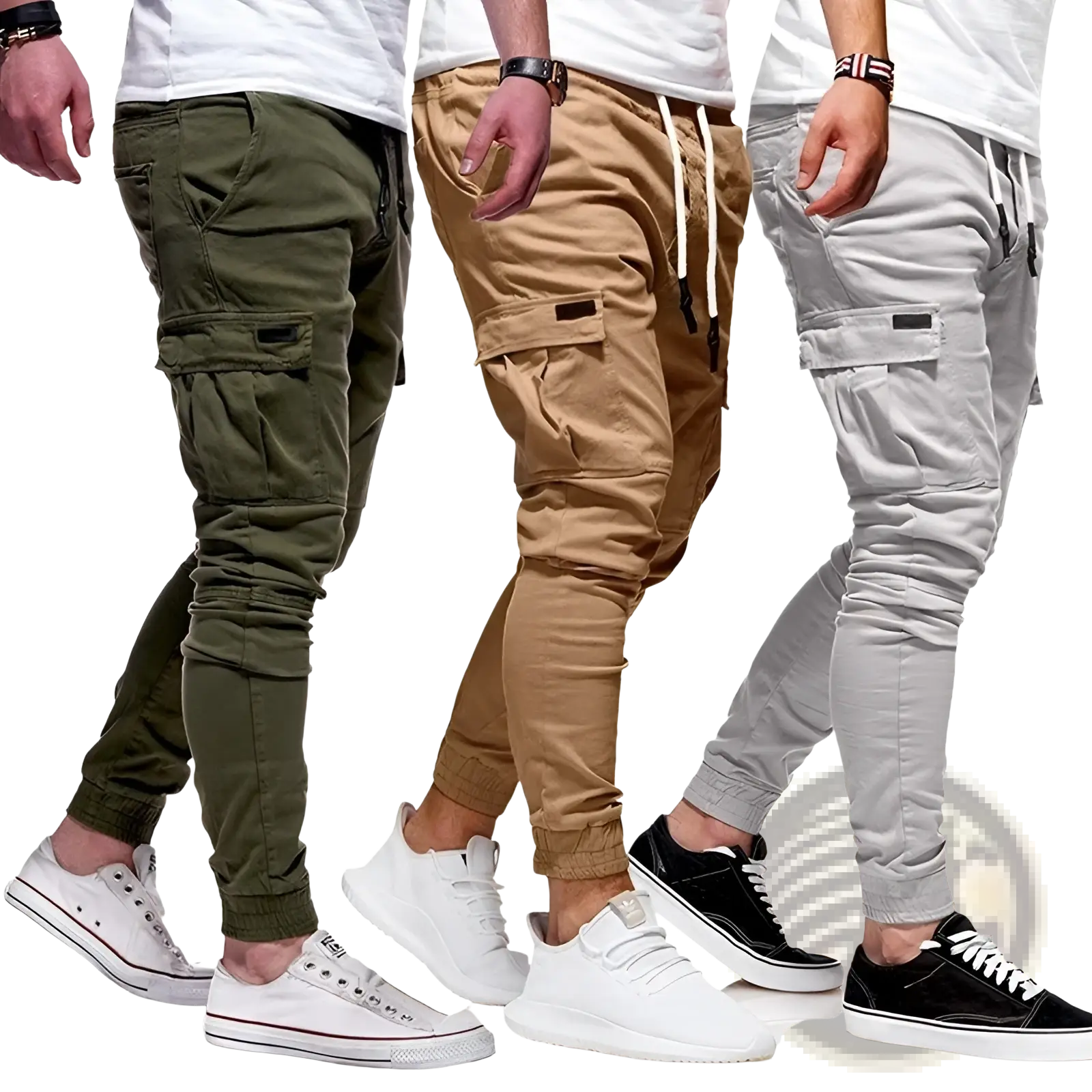 Men cotton cargo joggers casual pants in olive green tan and light gray with drawstrings and elastic cuffs