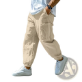 Beige men cotton cargo pants with elastic cuffs and multiple pockets for casual workwear use