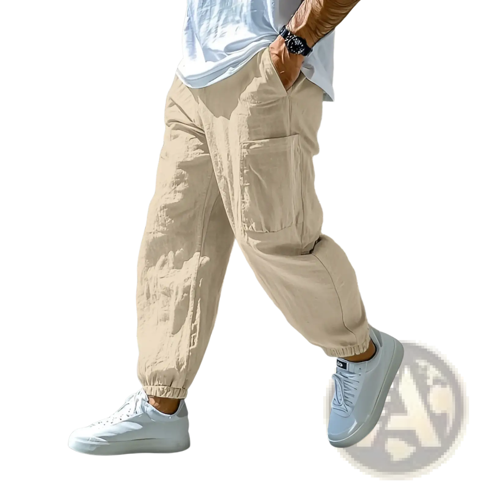 Beige men cotton cargo pants with elastic cuffs and multiple pockets for casual workwear use