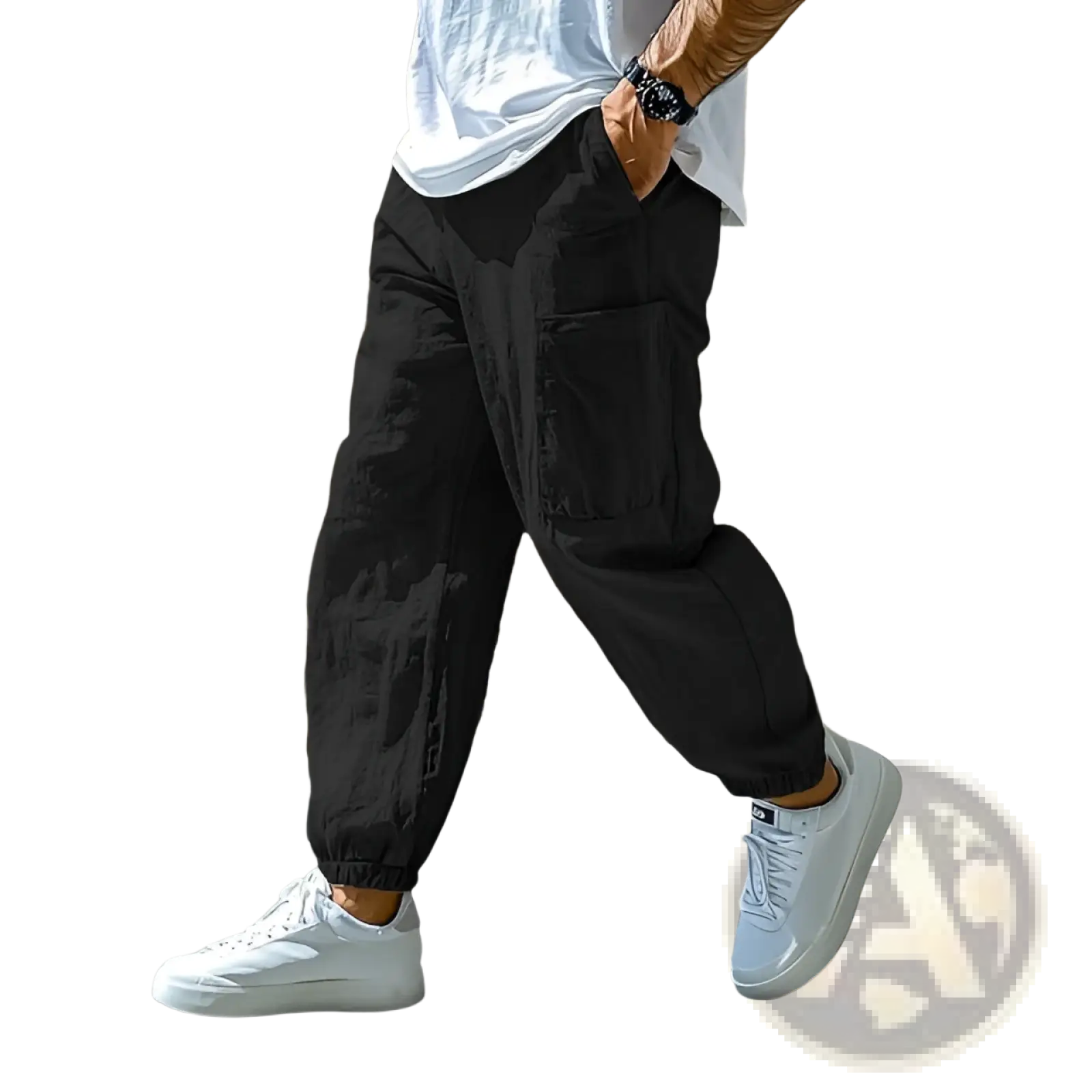 Men cotton cargo pants in black with multiple pockets and a relaxed tapered fit for casual work use