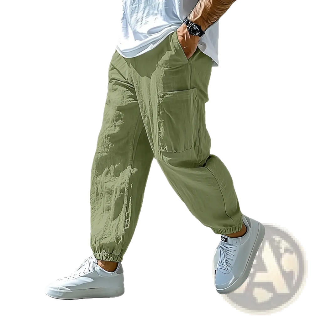 Men cotton olive green cargo pants with multiple pockets and a relaxed tapered fit for casual work use
