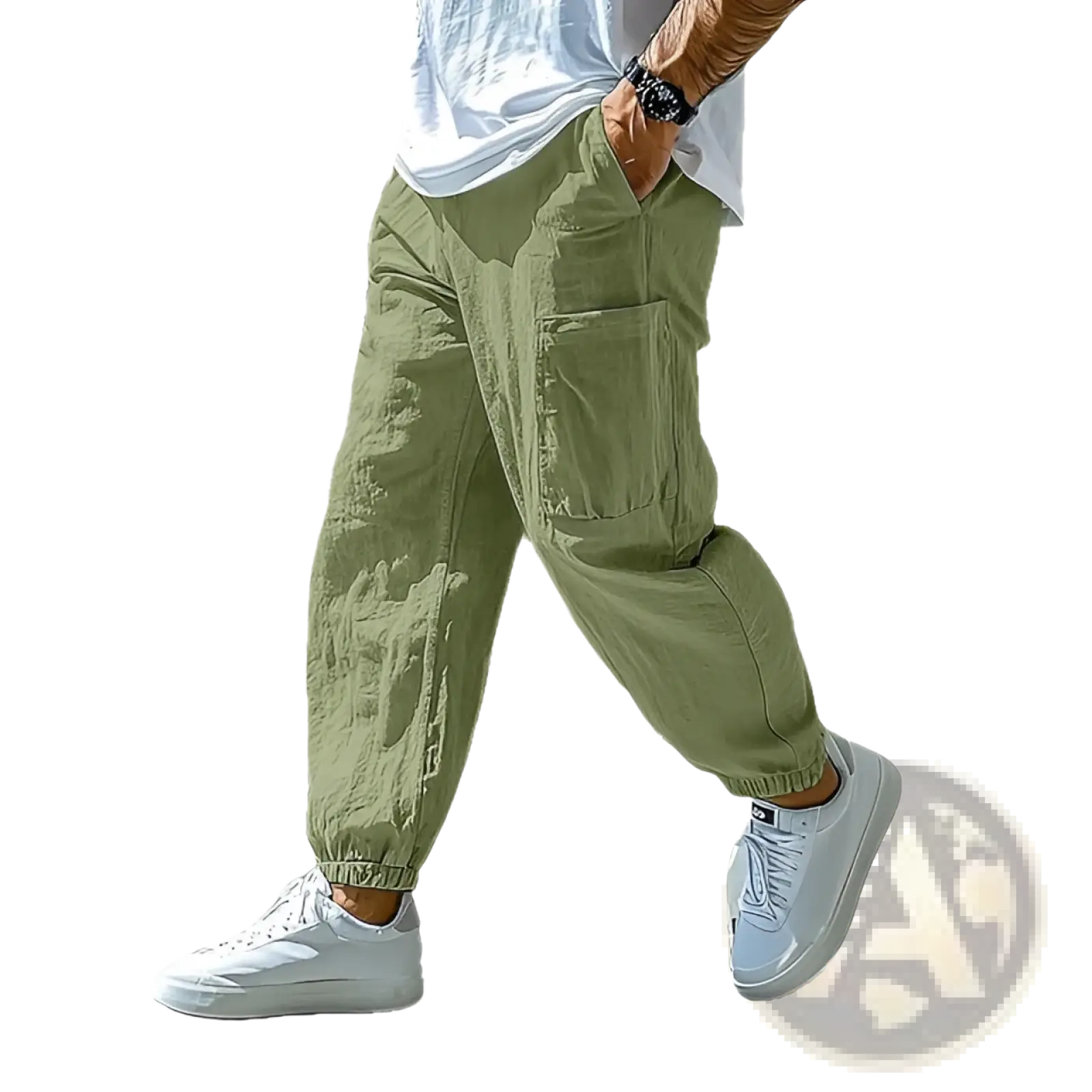 Men cotton olive green cargo pants with multiple pockets and a relaxed tapered fit for casual work use