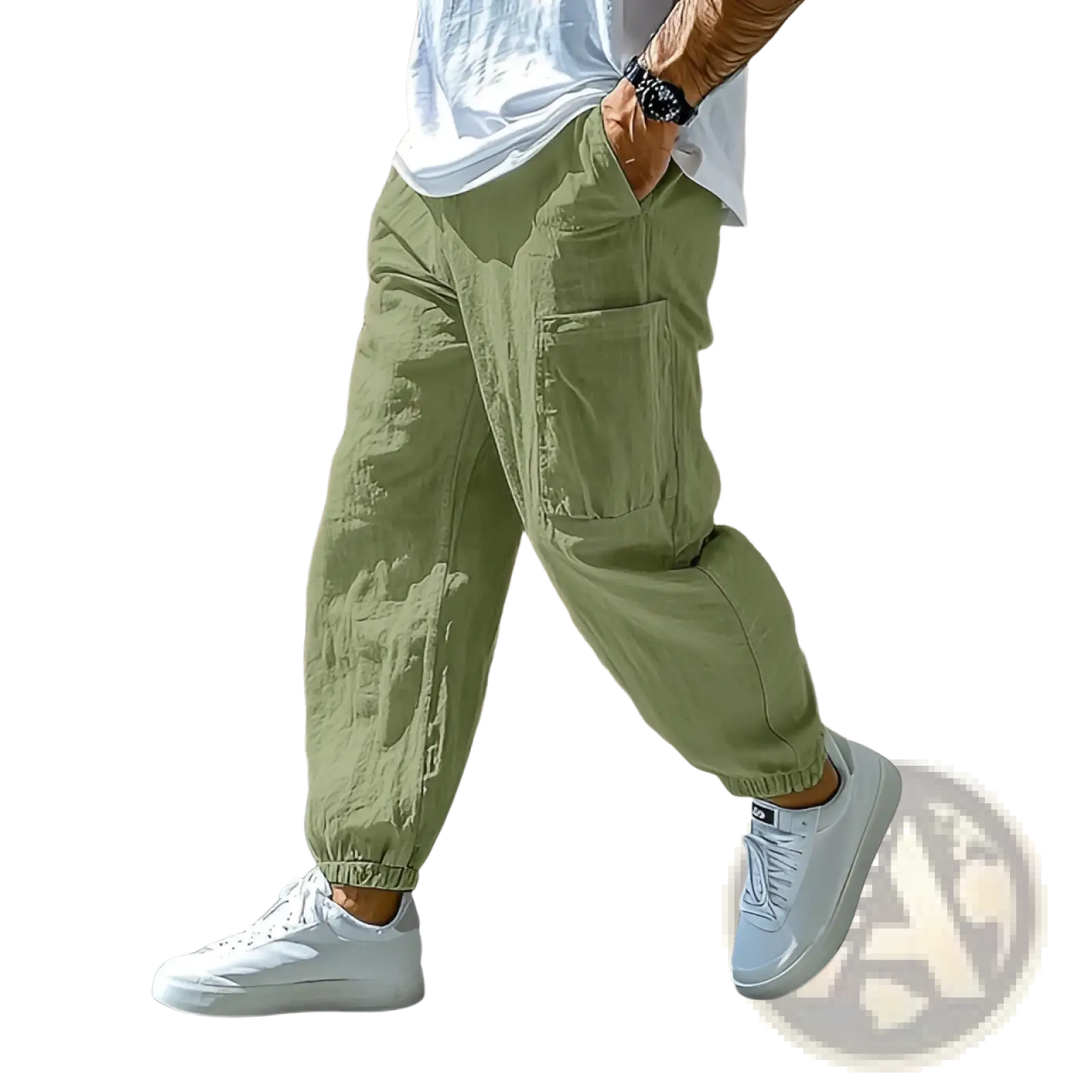 Men cotton cargo pants in olive green featuring multiple pockets and elastic cuffs for casual work use