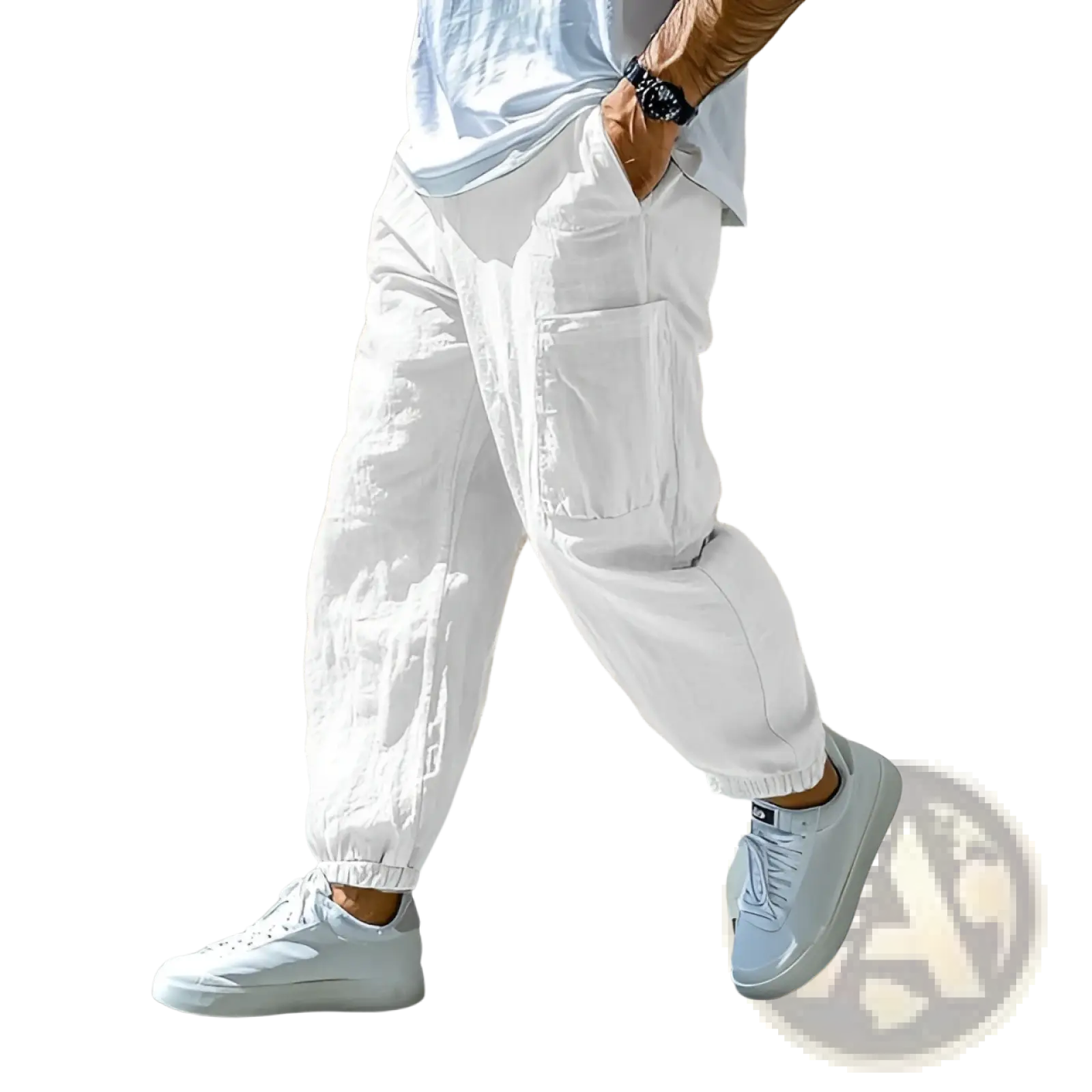 Men cotton cargo pants in white with elastic cuffs and side pockets perfect for casual work use