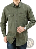Men cotton cargo shirt long sleeve casual olive green button-up with collar and two chest pockets for military hiking