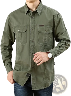 Men cotton cargo shirt long sleeve casual olive green button-up with collar and two chest pockets for military hiking