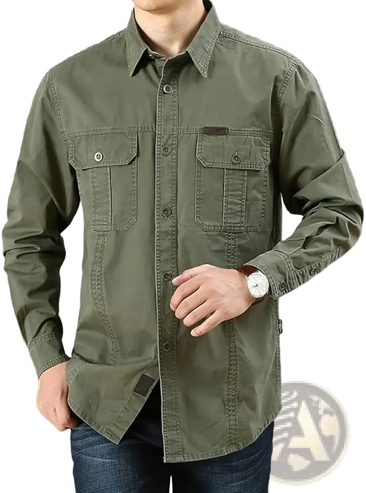 Men cotton cargo shirt long sleeve casual olive green button-up with collar and two chest pockets for military hiking
