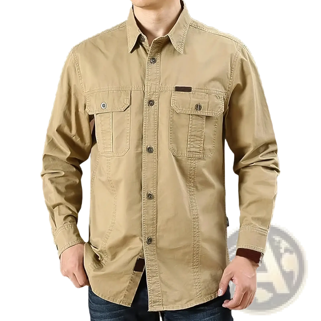 Beige men cotton cargo shirt long sleeve with two chest pockets and dark brown trim for casual military hiking use