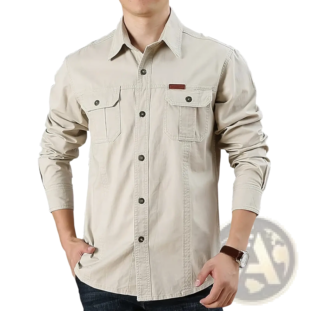 Beige long-sleeved cotton cargo shirt with two chest pockets and dark buttons for casual military hiking use