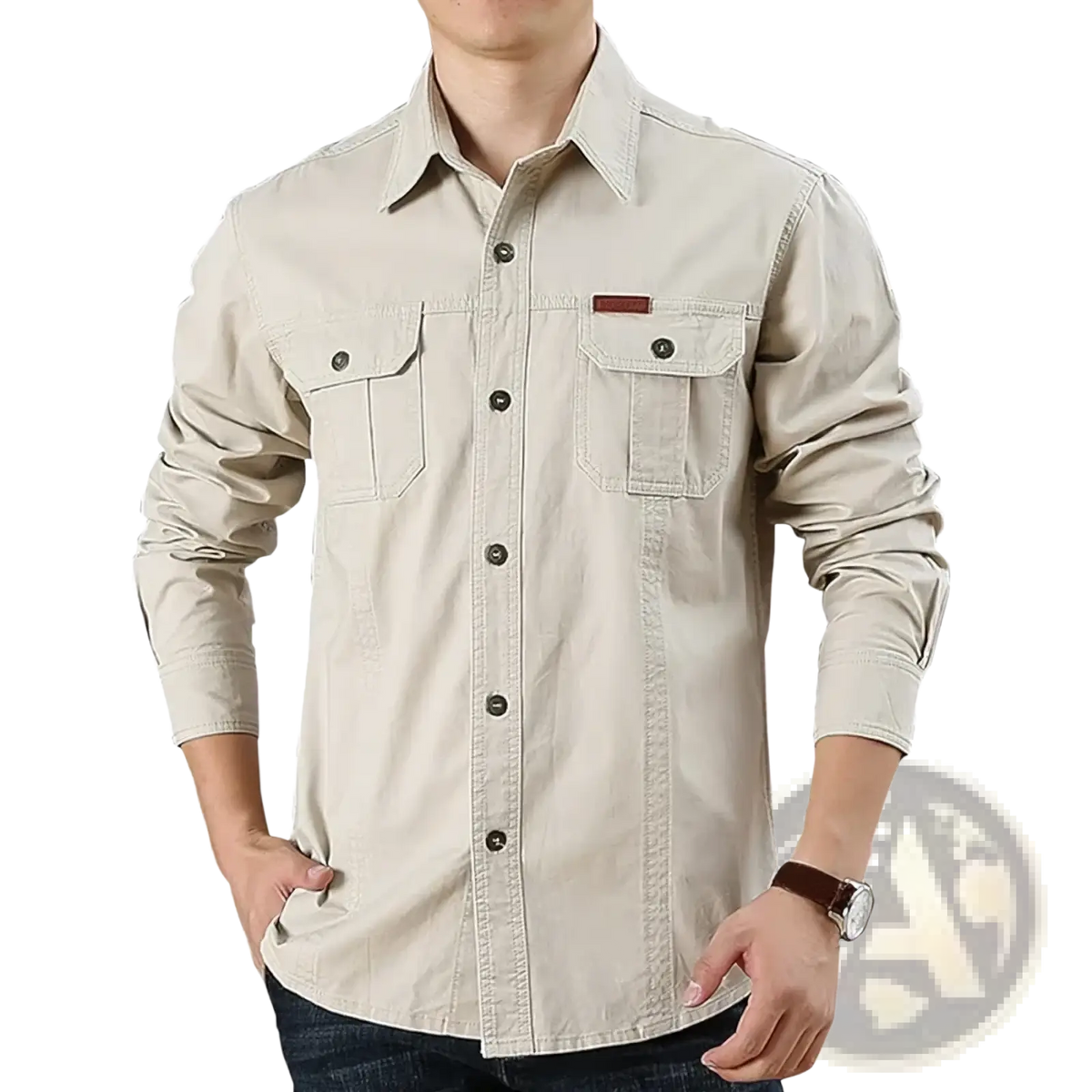 Beige long-sleeved cotton cargo shirt with two chest pockets and dark buttons for casual military hiking use