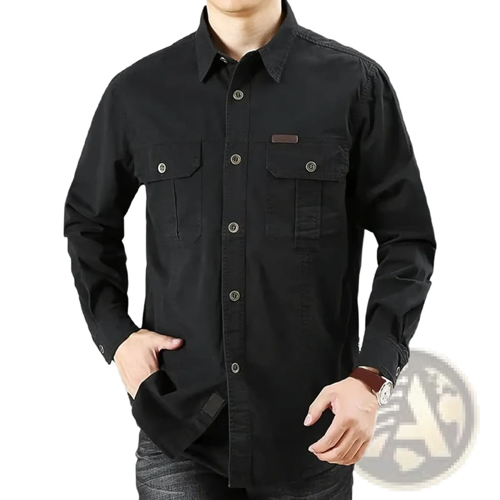 Men cotton cargo shirt long sleeve casual black button up with chest pockets and silver buttons for hiking military use