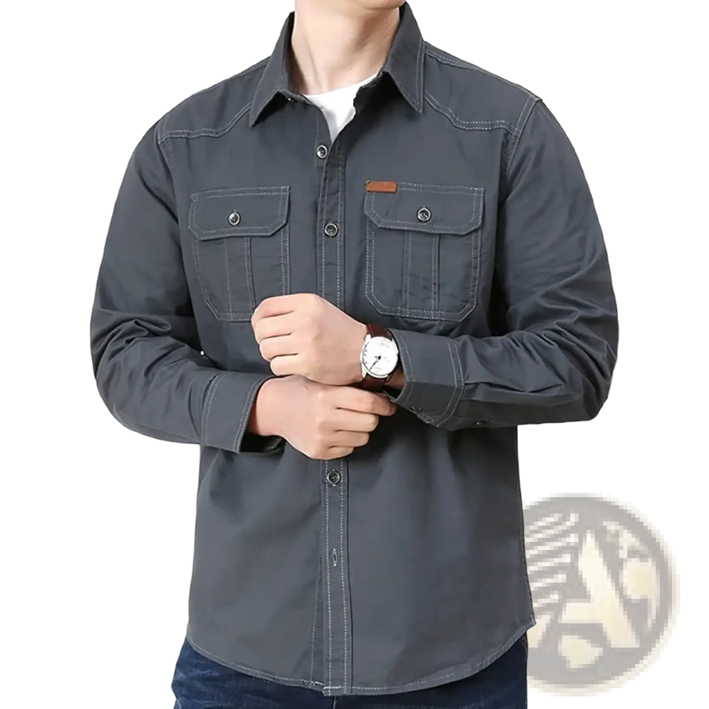 Men cotton cargo shirt long sleeve casual military hiking top in dark gray with button-up front and contrasting stitching