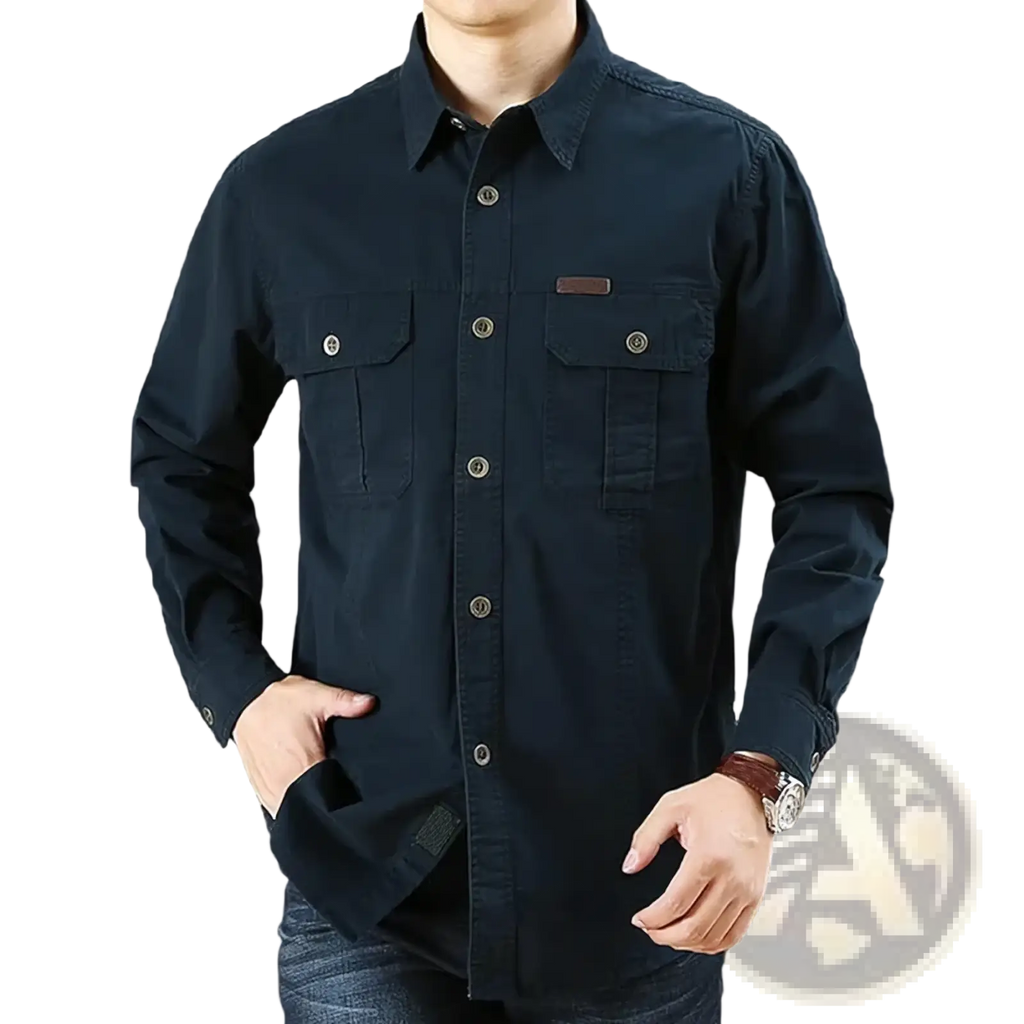 Men cotton cargo shirt long sleeve casual military hiking top in dark navy blue with chest pockets and brown leather patches