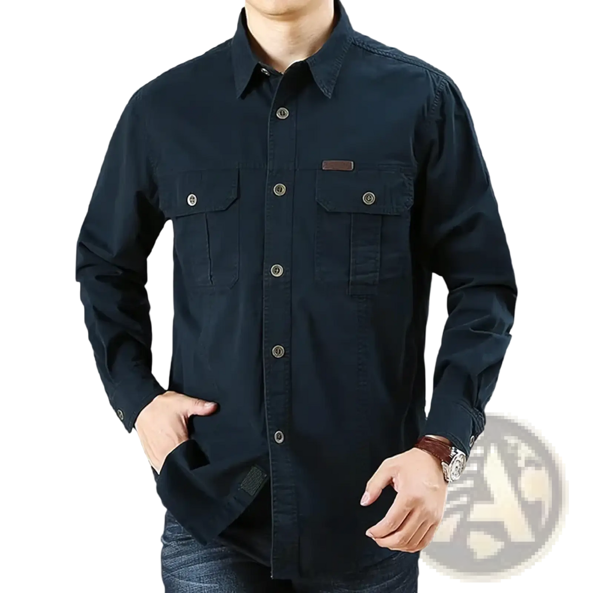 Men cotton cargo shirt long sleeve casual military hiking top in dark navy blue with chest pockets and brown leather patches