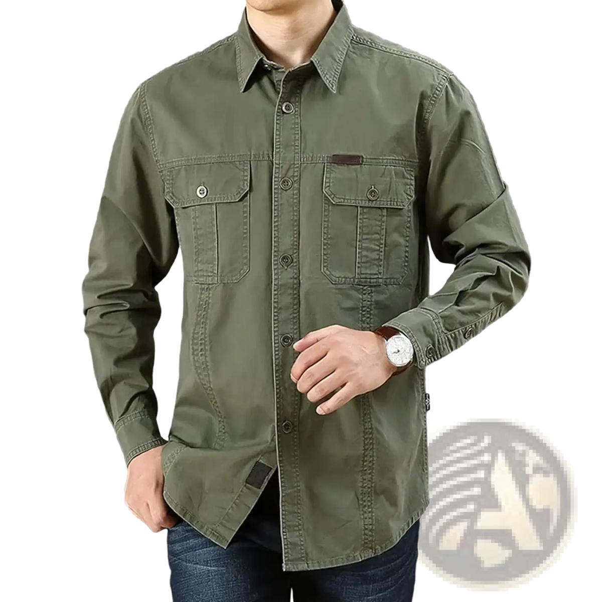 Men cotton cargo shirt long sleeve casual military hiking top in olive green with two chest pockets and reinforced stitching