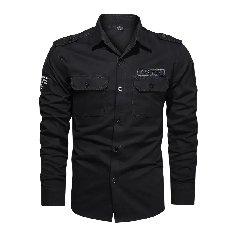 Black cotton men casual long sleeve military cargo shirt with two chest pockets shoulder epaulets and fashion patch