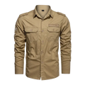 Khaki cotton men casual long sleeve military cargo shirt with button-up front chest pockets and shoulder epaulets
