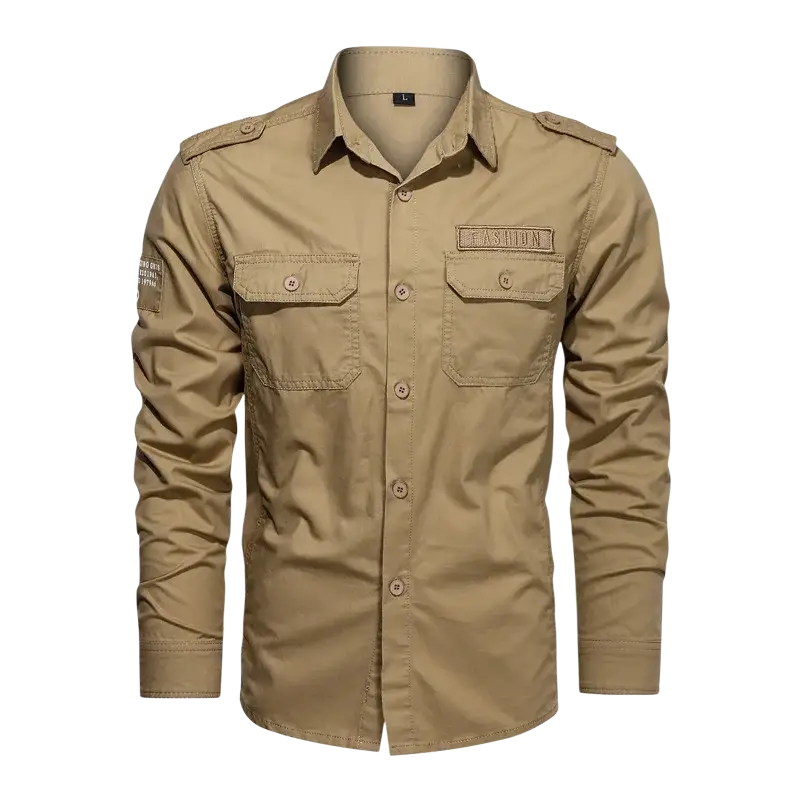 Khaki cotton men casual long sleeve military cargo shirt with button-up front chest pockets and shoulder epaulets