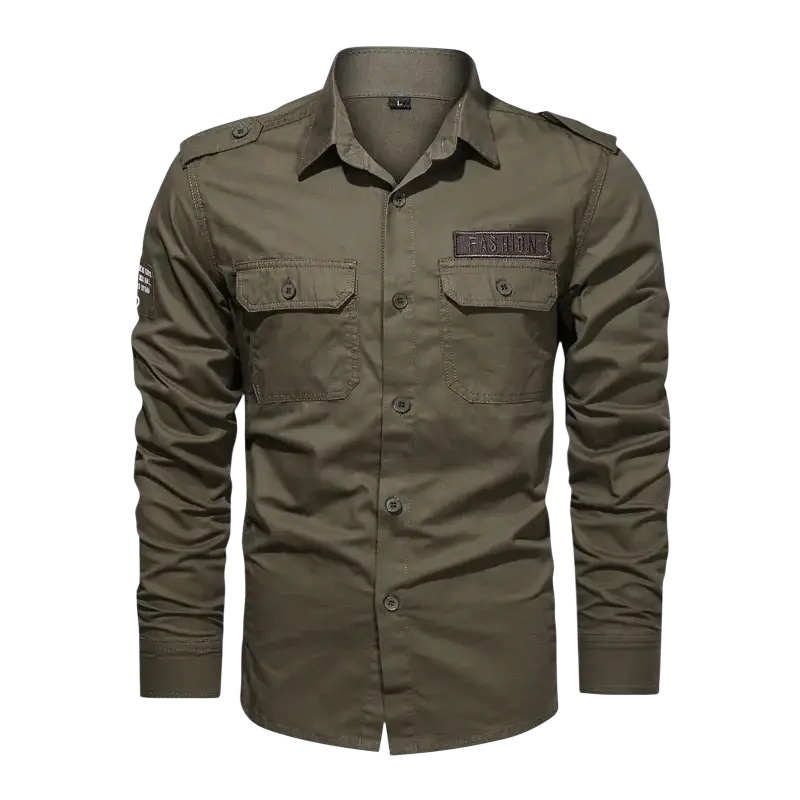 Olive green men cotton casual long sleeve military cargo shirt with button-up front, two chest pockets, and sleeve patch
