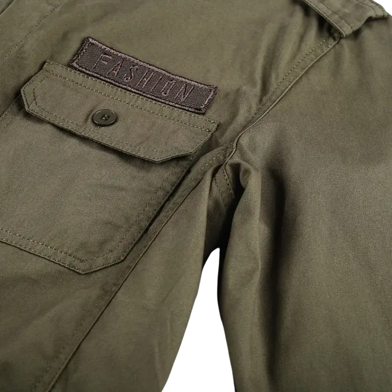 Men cotton casual long sleeve military cargo shirt in olive green with dark brown fashion patch and buttoned flap pocket