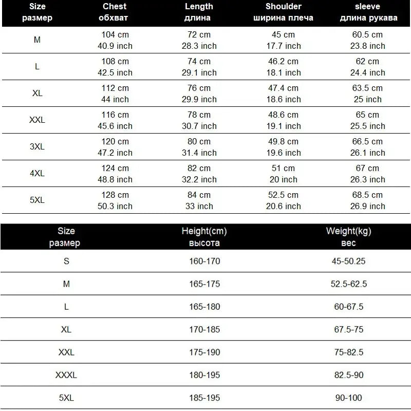 Size chart for men cotton casual long sleeve military cargo shirt showing measurements in cm and inches from m to 5xl