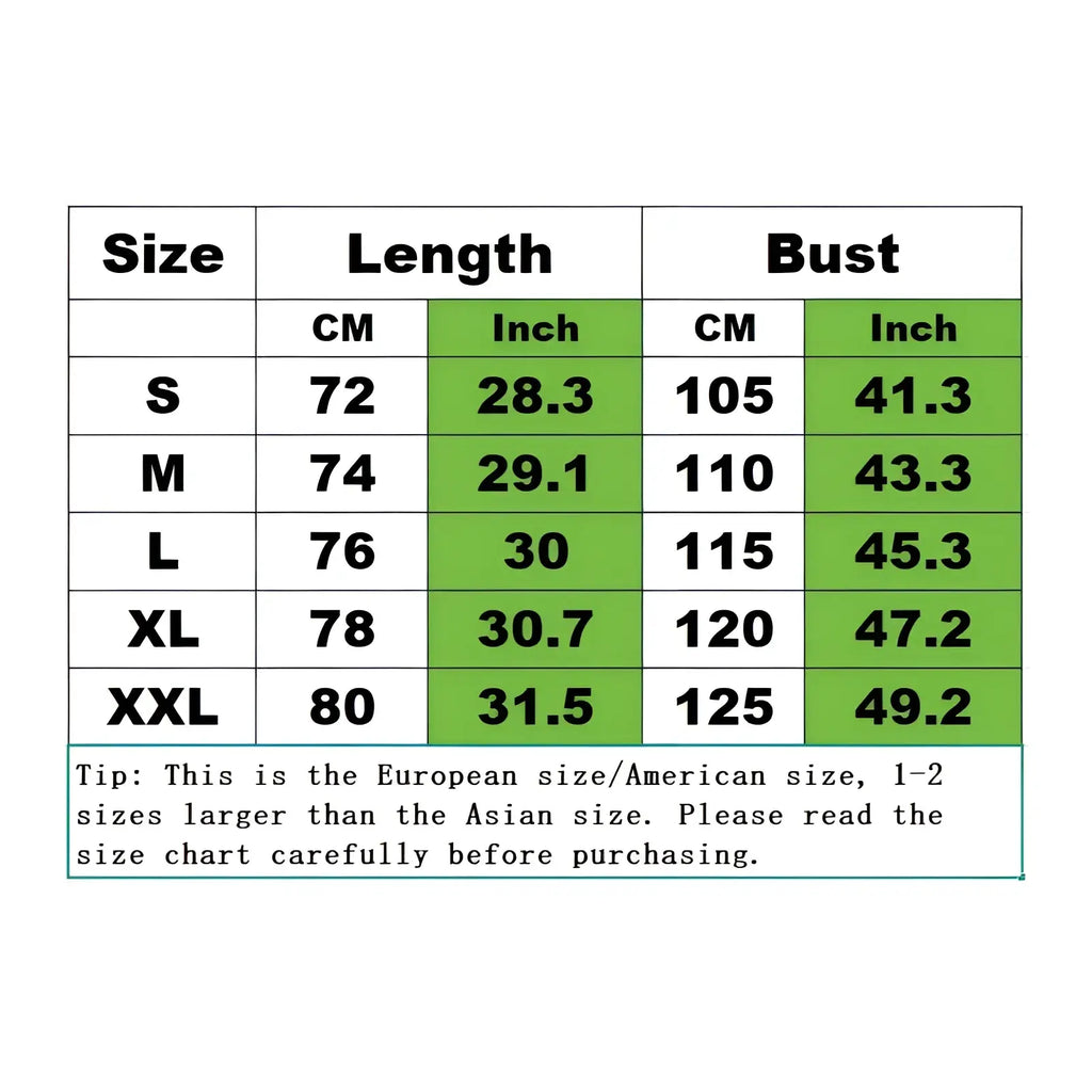 Green size chart table showing measurements in centimeters and inches for men cotton casual long sleeve shirt sizes s to xxl