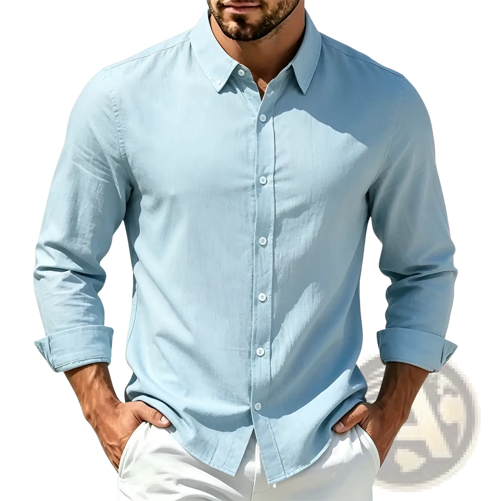 Men cotton casual long sleeve light blue button-down shirt with rolled cuffs for a relaxed fit and style