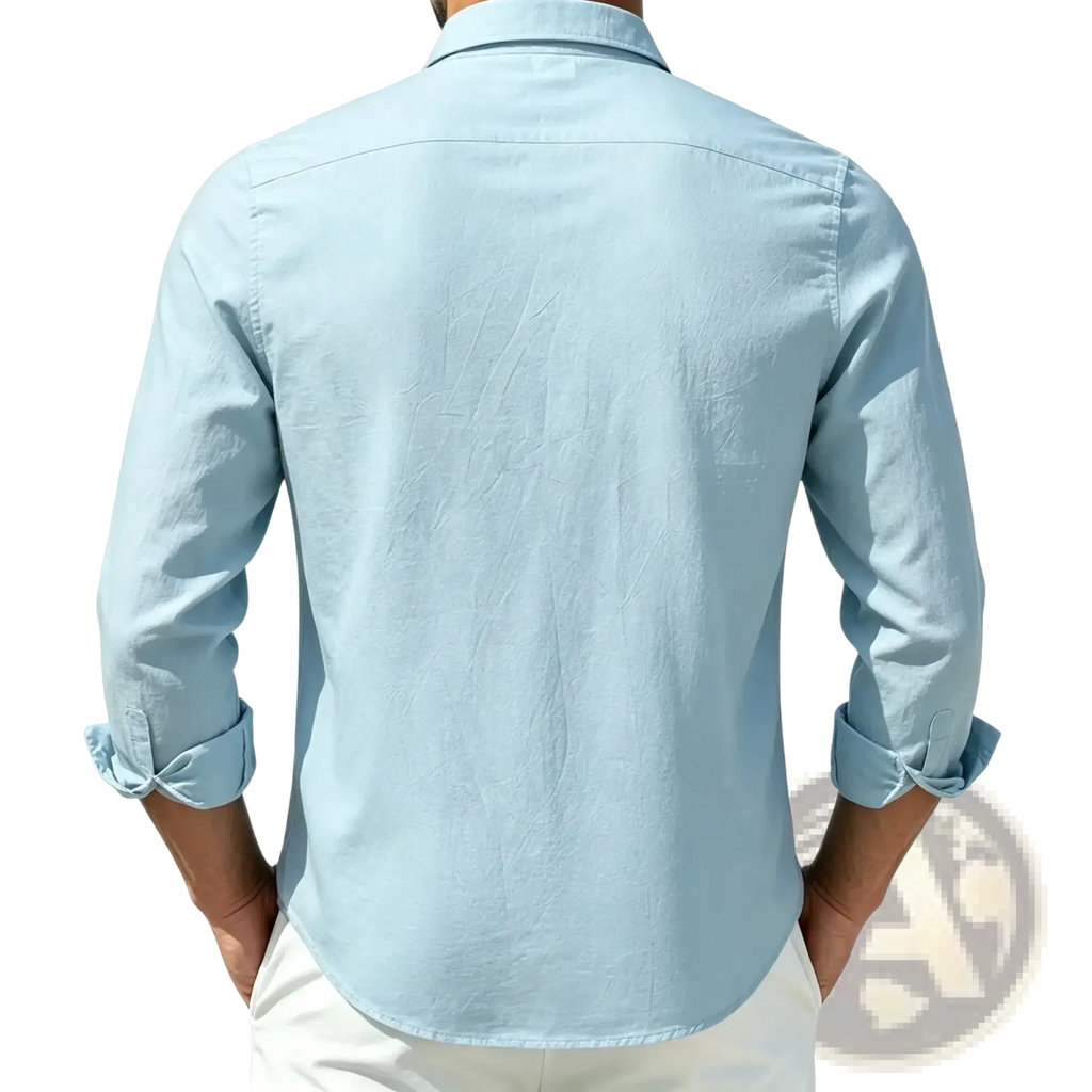 Men cotton casual long sleeve shirt in light blue with button down front and rolled up cuffs