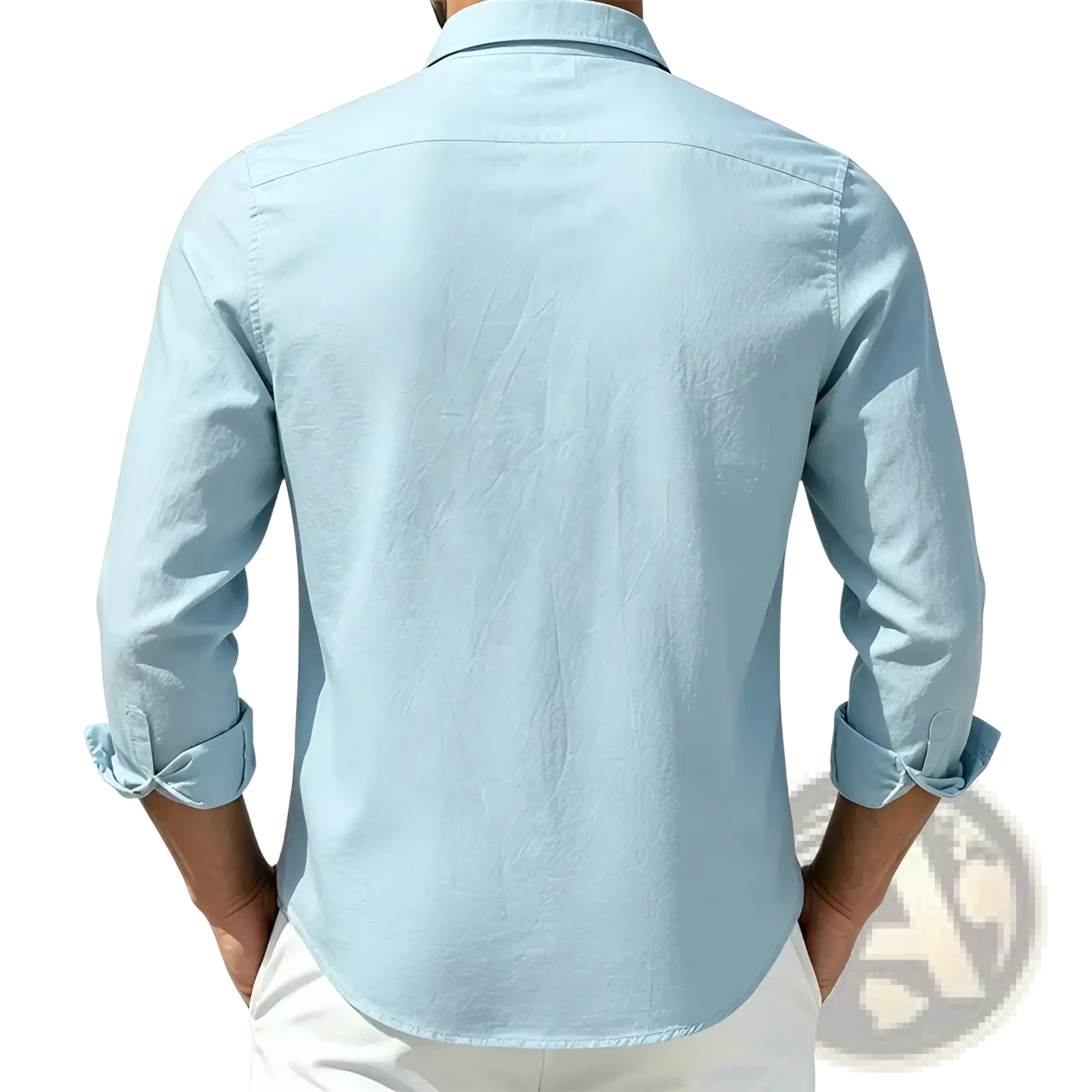 Men cotton casual long sleeve shirt in light blue with button-down front and rolled-up cuffs for a relaxed fit