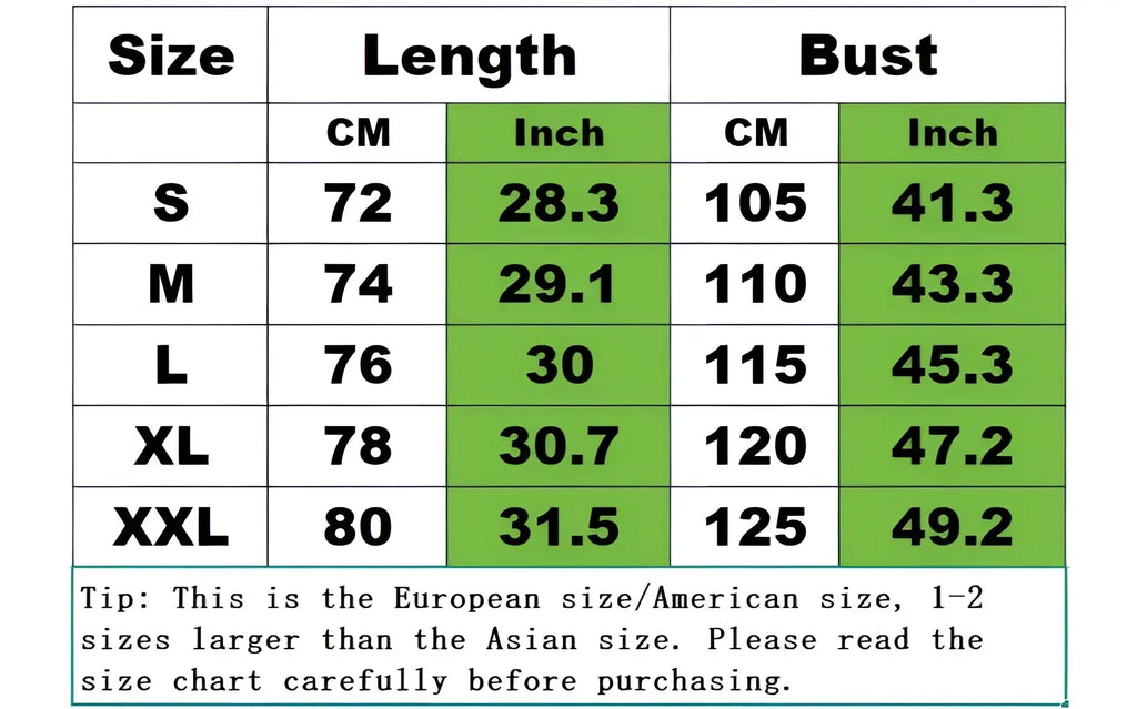 Size chart for men cotton casual long sleeve shirt showing measurements in centimeters and inches from s to xxl