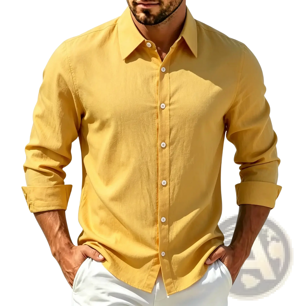 Men cotton casual long sleeve shirt in mustard yellow with button-down front rolled cuffs and classic collar