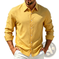 Men cotton casual long sleeve shirt in mustard yellow with button-down front rolled cuffs and classic collar
