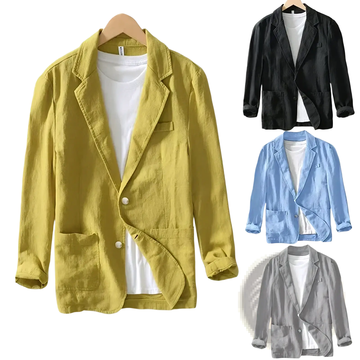 Olive green men cotton casual retro blazer jacket with two front pockets and single button closure in linen