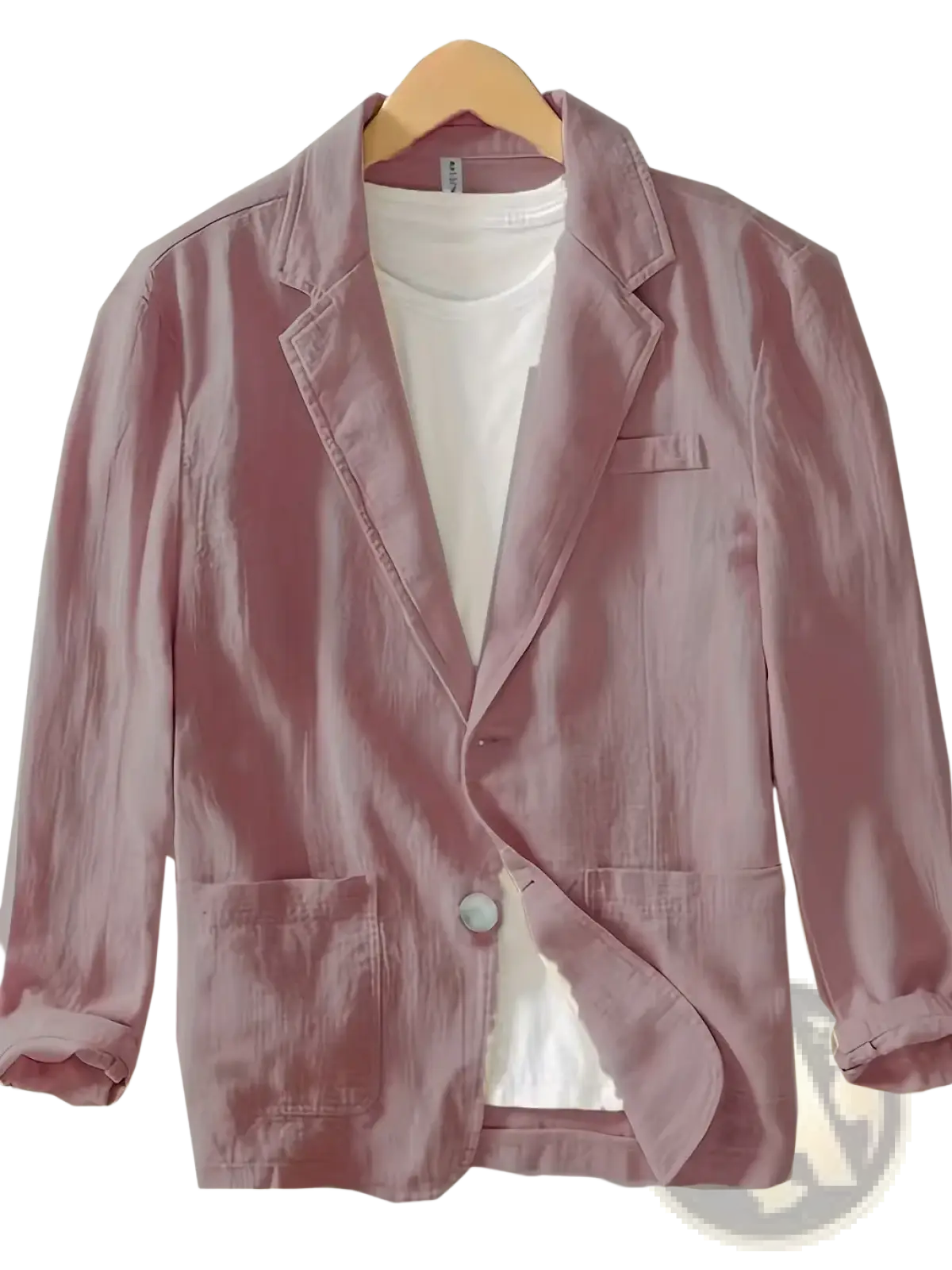 Men cotton casual retro blazer jacket in soft mauve with relaxed fit rolled sleeves and two front pockets