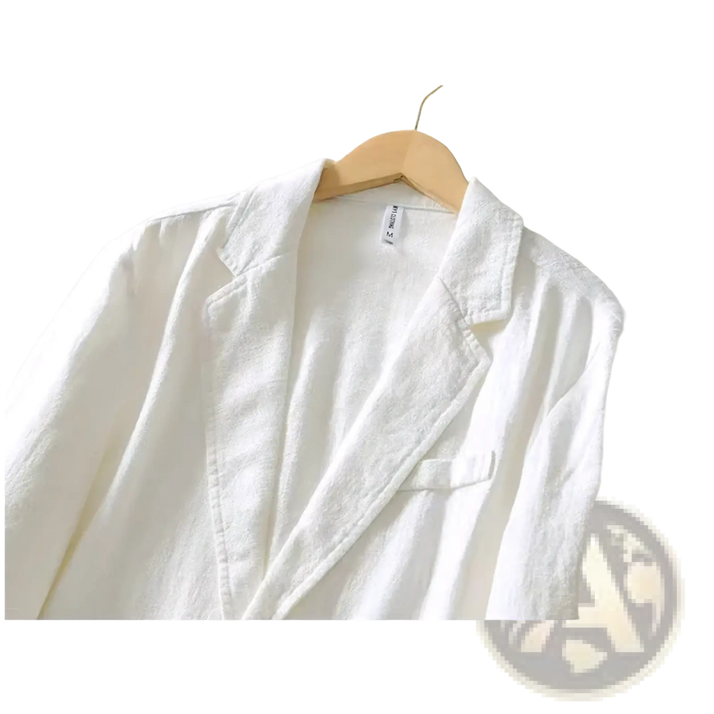 White linen men cotton casual retro blazer jacket with classic collar and single chest pocket