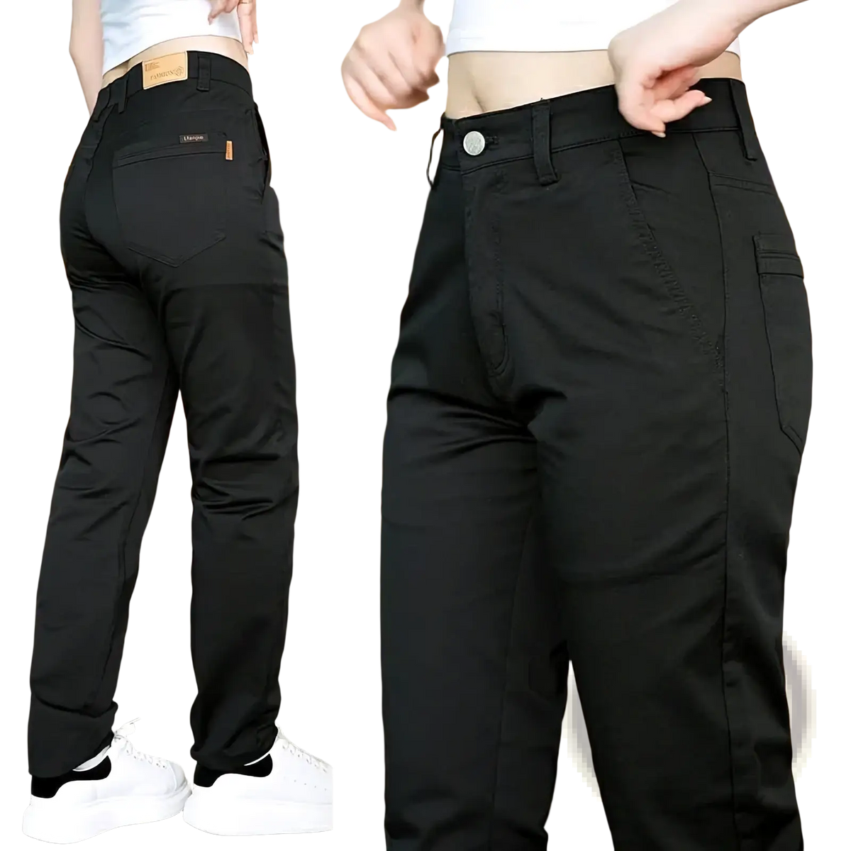 Black mens cotton casual slim fit straight leg trousers with sleek cut and subtle stitching details