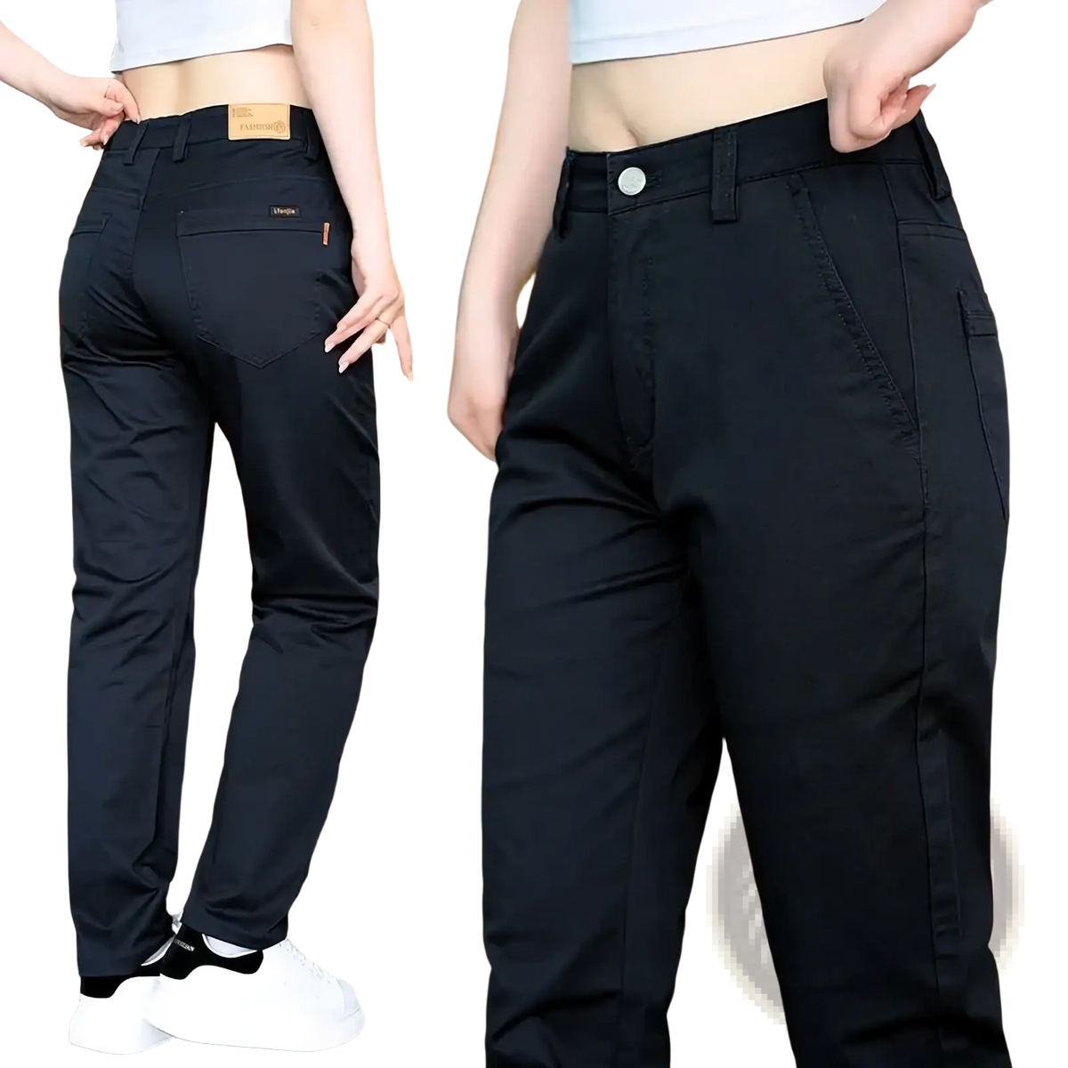 Black women casual slim fit cotton trousers with straight leg cut button closure and belt loops in front view