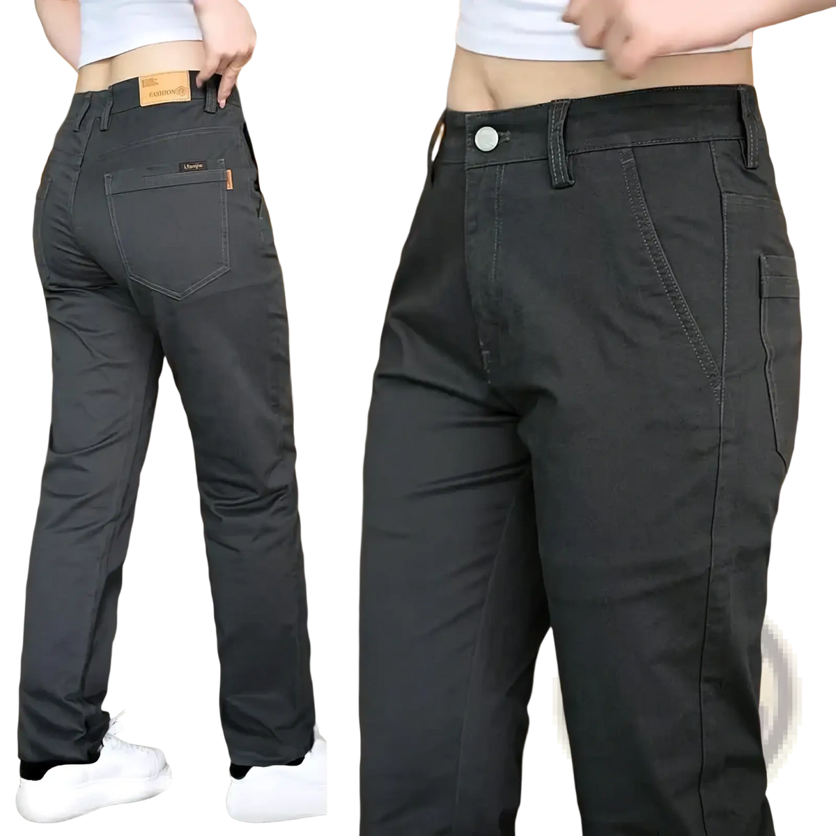 Men cotton casual slim fit straight leg trousers in dark gray with button closure and multiple cargo pockets