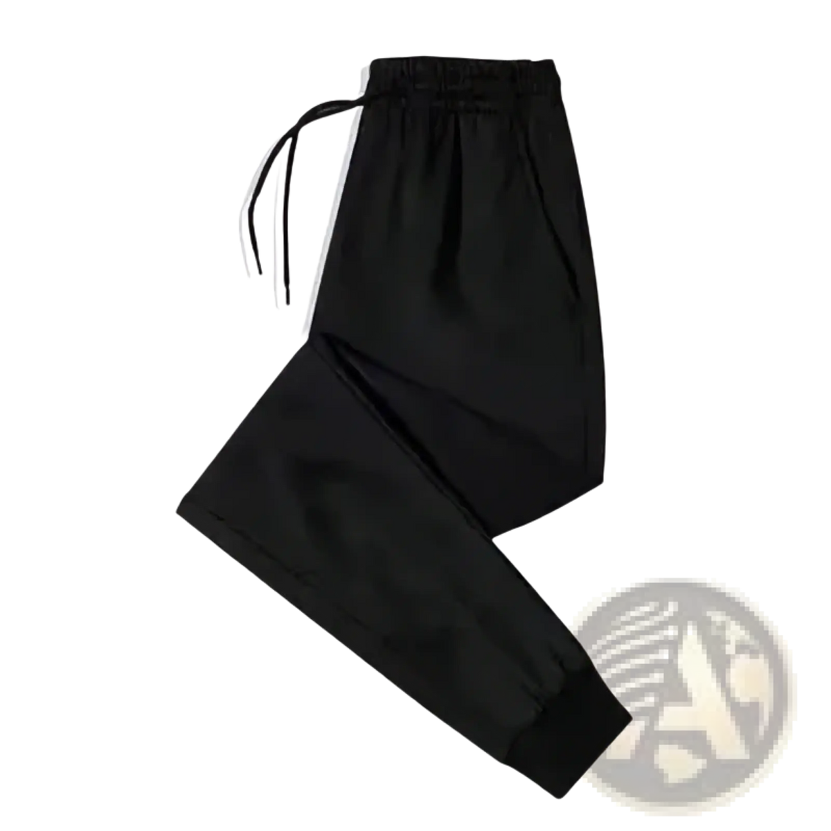 Black cotton casual slim fit straight leg trousers with drawstring waist smooth matte fabric and elastic cuffs