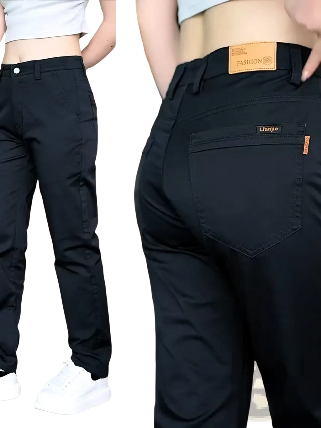 Black denim men cotton casual slim fit straight leg trousers back view with brown leather brand patch and lianjie label