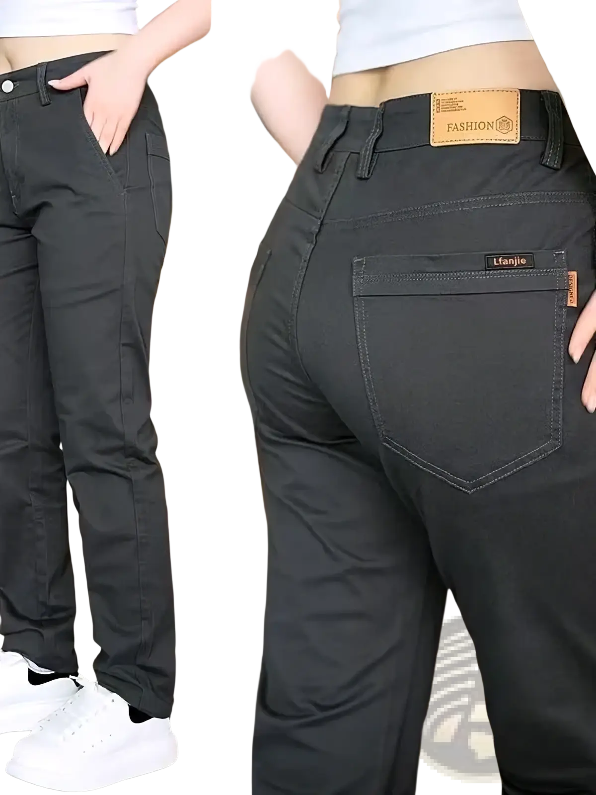 Back side of men cotton casual slim fit black denim trousers with a fashion leather patch and hanjie label