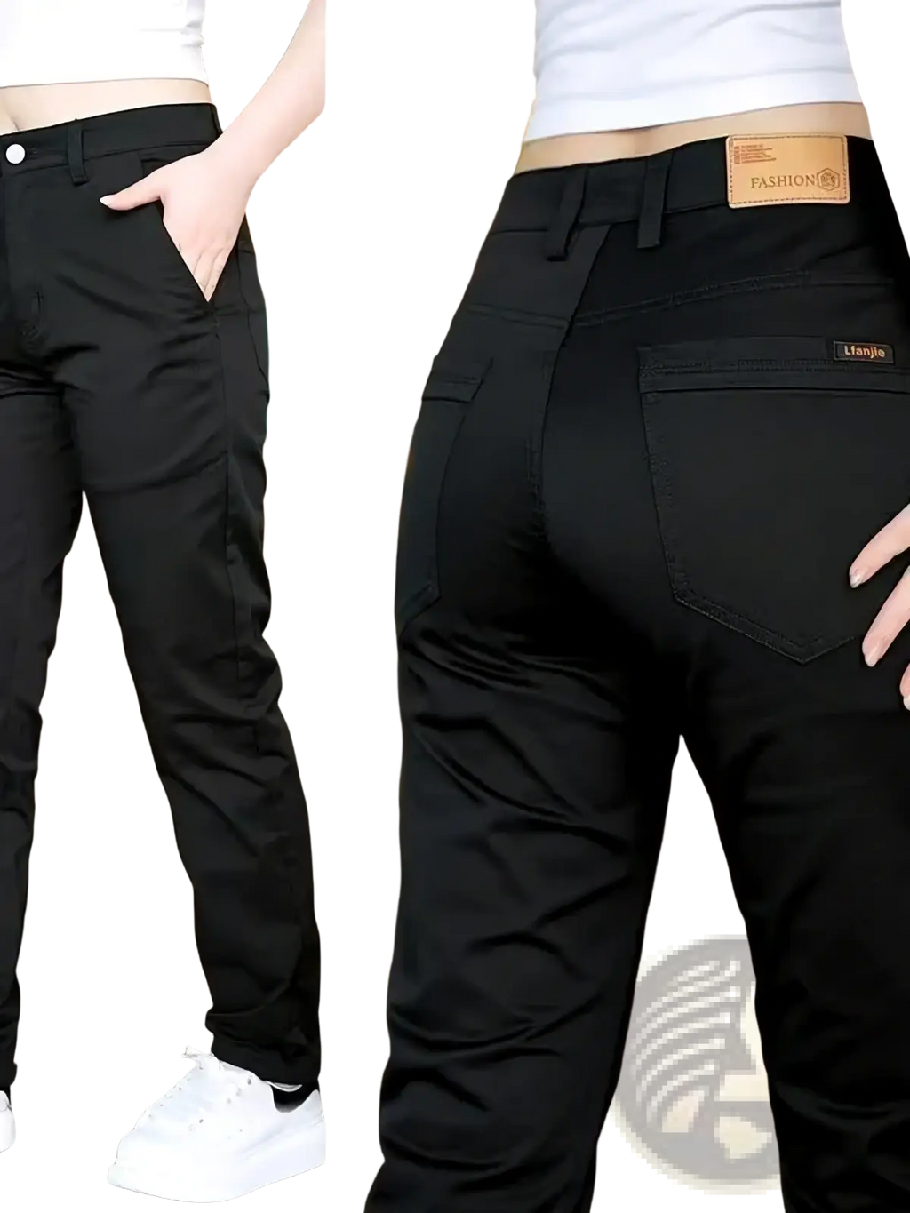 Men cotton casual slim fit straight leg black denim pants with brown leather brand patch on back waistband