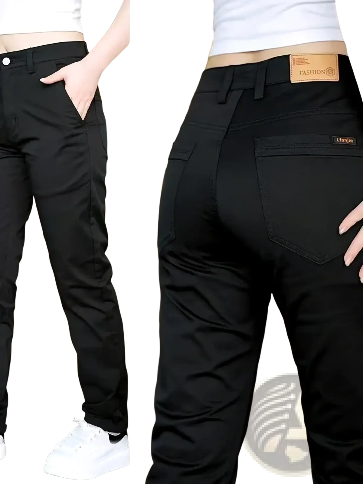 Men cotton casual slim fit straight leg black denim pants with brown leather brand patch on back waistband