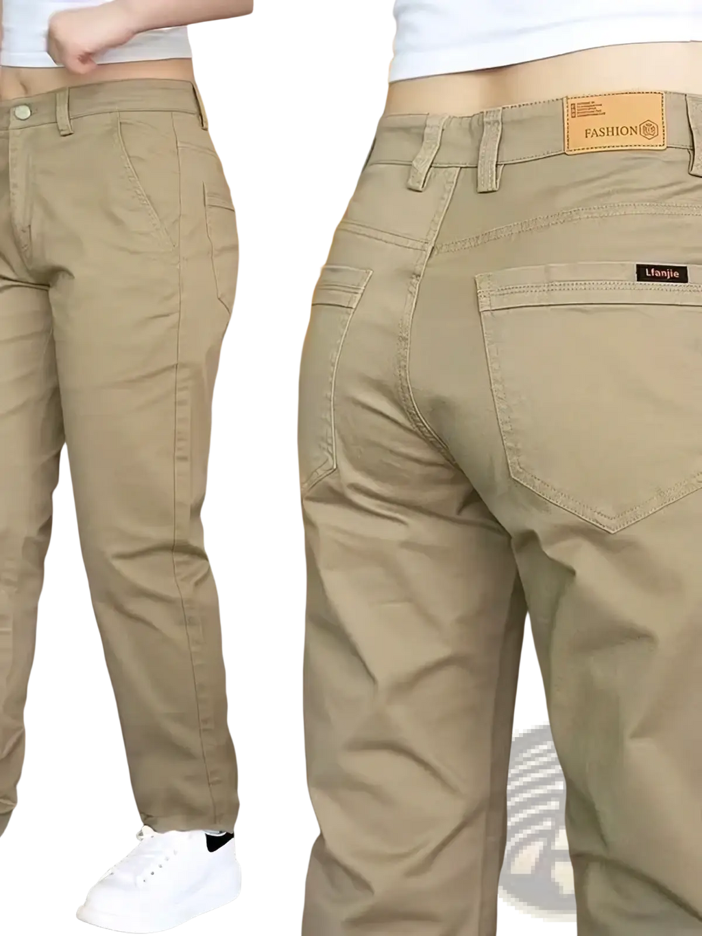 Men cotton casual slim fit straight leg trousers in khaki color showing back side with woven label patch and black brand tag