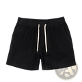 Men cotton corduroy shorts in black with white drawstrings and subtle red pocket stitching for casual summer wear
